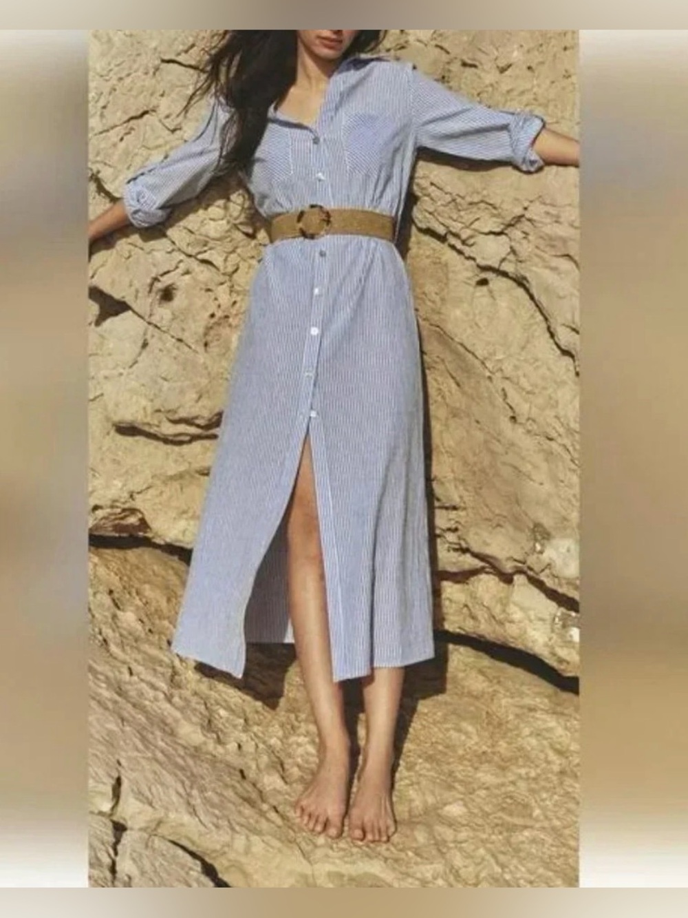 Zara Blue & White Striped Midi Shirt Dress with Tan Belt